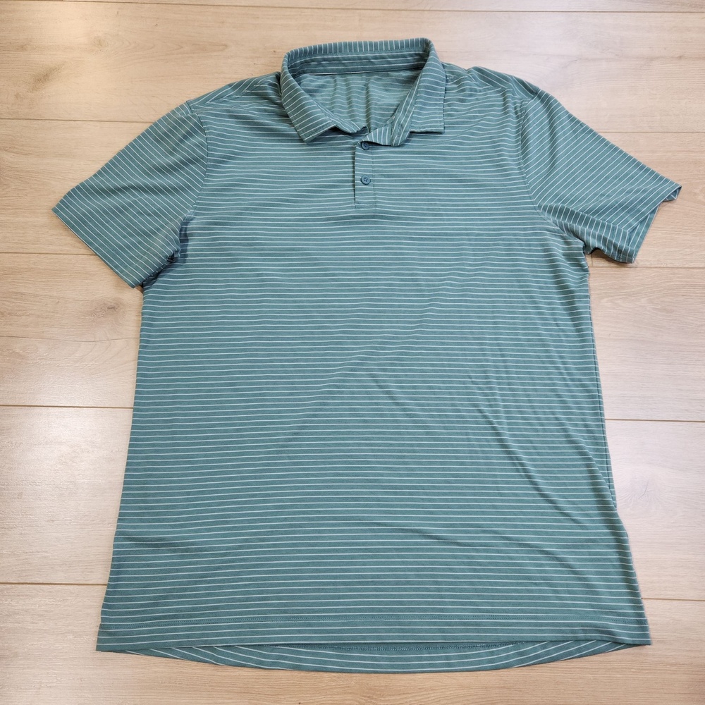 Lululemon Polo Shirt Mens Large Green Striped Short Sleeve Golf Performance Top